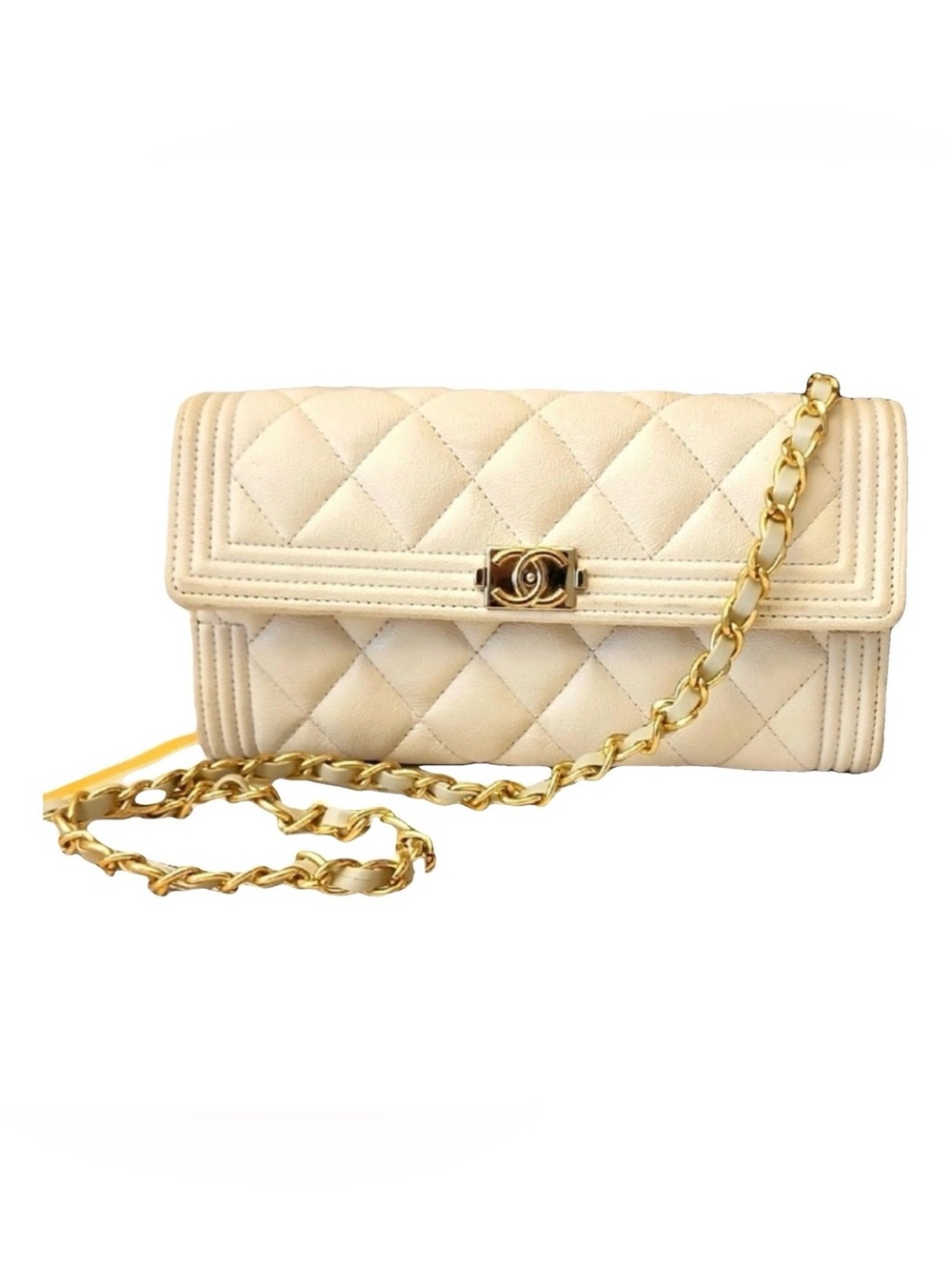 CHANEL Authentic Quilted Flap Shoulder Bag in Cream with Gold Chain